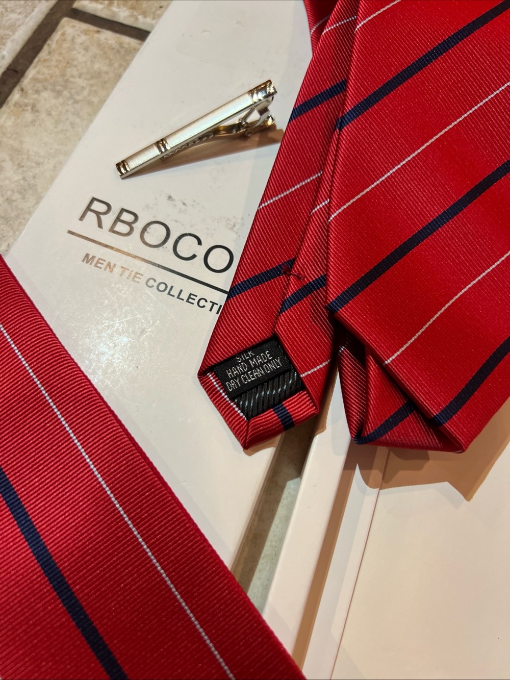 RBOCOTTA Red Striped Silk Tie with Navy and White Accents